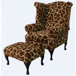 Chesterfield High Back Wing Chair + Footstool Animal Print Big Giraffe Fabric In Queen Anne Style - thumbnail 2