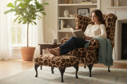 Chesterfield High Back Wing Chair + Footstool Animal Print Big Giraffe Fabric In Queen Anne Style - thumbnail 3