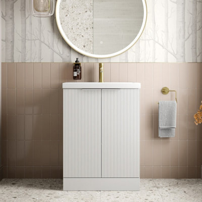 Affine Bathroom Vanity Unit Fluted Freestanding Basin Sink 600mm Cabinet Storage White - image 1