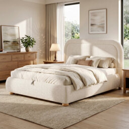 Modernluxe 4Ft6 Double Bed, Ottoman Bed, (135 X 190 Cm), With Deep Curved Headboard & Reinforced Slatted Base, Beige, Bouclé - thumbnail 3