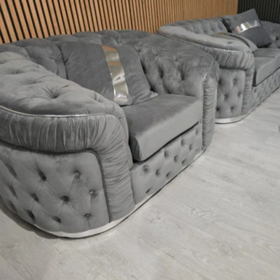 Stratus Interiors Ambassador Grey Sofa Chesterfield Toronto Silver Trim Plush Velvet - Frills