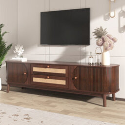 Btm Natural Walnut Tv Cabinet With Doors And Drawers Rattan Storage Solution For Country Style Living Room - thumbnail 2