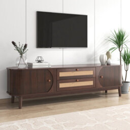 Btm Natural Walnut Tv Cabinet With Doors And Drawers Rattan Storage Solution For Country Style Living Room - thumbnail 8