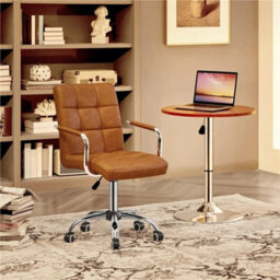 Retro Brown Leather Office Chair Adjustable Swivel Arms - thumbnail 5