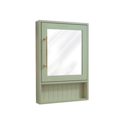 Homestylestore 450 X 650mm Pastel Green Wall Mounted Corner Mirrored Door Bathroom Cabinet And Brushed Brass T Bar Handle - image 1