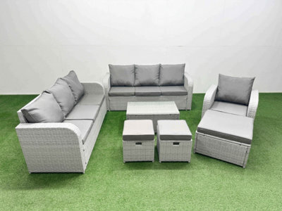 Fimous 10 Seater Poly Rattan Outdoor Garden Furniture Sofa Set 3 Seater Sofa Reclining Chair 3 Stools Light Grey - image 1