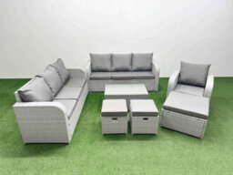 Fimous 10 Seater Poly Rattan Outdoor Garden Furniture Sofa Set 3 Seater Sofa Reclining Chair 3 Stools Light Grey - thumbnail 2
