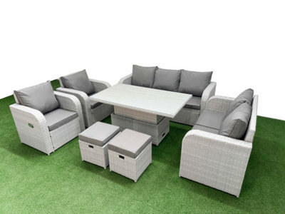 Fimous Pe Rattan Garden Furniture Set Reclining Chair Sofa Set Adjustable Lifting Dining Or Coffee Table 2 Stools Light Grey - image 1