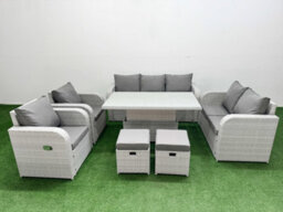 Fimous Pe Rattan Garden Furniture Set Reclining Chair Sofa Set Adjustable Lifting Dining Or Coffee Table 2 Stools Light Grey - thumbnail 2