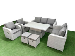 Fimous Pe Rattan Garden Furniture Set Reclining Chair Sofa Set Adjustable Lifting Dining Or Coffee Table 2 Stools Light Grey - thumbnail 1