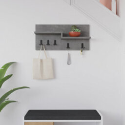 Decortie Harmon Modern Wall Mounted Coat Hanger With Open Shelf Retro Grey 5 Black Metal Hooks - thumbnail 1