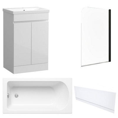 FNX Bathrooms Waterproof 600mm Vanity Unit With Single Ended Bath, Gloss White Front Panel & Matt Black Profile Bath Screen - image 1