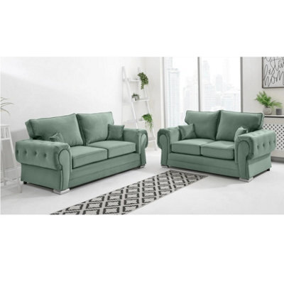 Chingford Plush Velvet Full Back 3+2 Seater Sofa Set Green