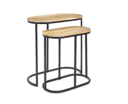 Elm Home And Garden Wooden Light Oak Finish Black Metal Oval Nest Of Three 3 Tables End Side Lamp H61 X W62 X D32Cm