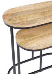 Elm Home And Garden Wooden Light Oak Finish Black Metal Oval Nest Of Three 3 Tables End Side Lamp H61 X W62 X D32Cm - thumbnail 4
