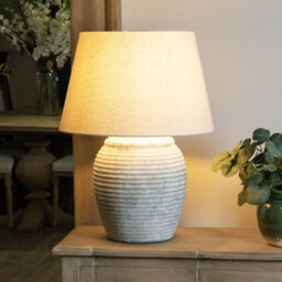 Wholesome Home Large Stone Table Lamp, Ribbed Grey Base, Beige Linen Shade, 60 X 60 X 66 Cm