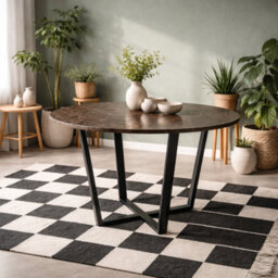 Wyld Haus Stovring Round Dining Table, Brown Marble-Effect Resin Top, Black Hairpin Legs, 1100mm
