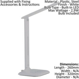 Stylish White Steel Touch Table Desk Lamp With Dimmable Led Bulb - thumbnail 2