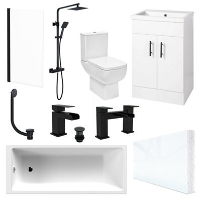 Bubly Bathrooms Modern Bathroom Suite, 1700mm Single-Ended Bath, Close Coupled Wc, 2-Door Vanity, Matt Black Shower & Taps - image 1