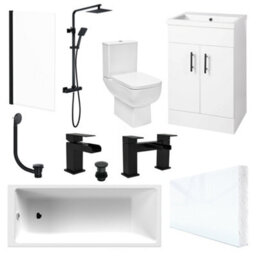 Bubly Bathrooms Modern Bathroom Suite, 1700mm Single-Ended Bath, Close Coupled Wc, 2-Door Vanity, Matt Black Shower & Taps - thumbnail 1