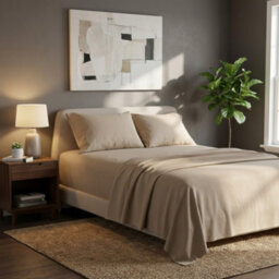 Soft Plain Brushed Cotton Fitted Flat Sheet Matching Pillowcases Set Beige