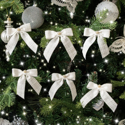 Melody Maison Set Of 6 White Tartan Boucle Jewelled Christmas Bow Decorations - image 1