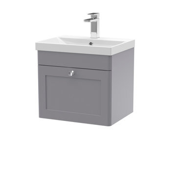 Nuie Classique Wall Hung 1 Drawer Vanity Unit & Thin-Edge Ceramic Basin, Contemporary Sink Vanity Unit In Satin Grey With White - image 1