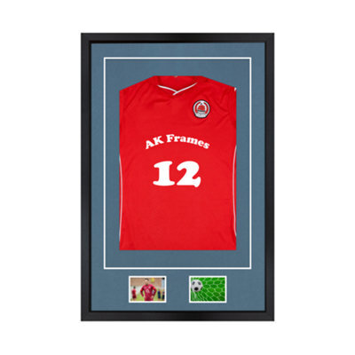 "AK Frames 90X60Cm Matte Black Football Shirt Frame With Pompadour Mount - 58X40Cm Shirt Window Plus Two 5X3.5"" Photo Apertures" - image 1