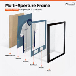 "AK Frames 90X60Cm Matte Black Football Shirt Frame With Pompadour Mount - 58X40Cm Shirt Window Plus Two 5X3.5"" Photo Apertures" - thumbnail 5