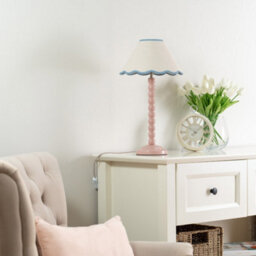 Valuelights Bobbles Rose Pink Bobbin Table Lamp With Blue Trim Scallop Shade - thumbnail 3