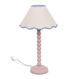 Valuelights Bobbles Rose Pink Bobbin Table Lamp With Blue Trim Scallop Shade - thumbnail 2