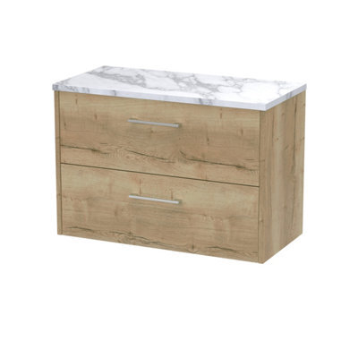 Hudson Reed Juno Wall Hung Double Soft Close Drawer Vanity Unit With Laminate Worktop In Autumn Oak Finish, 800mm - image 1