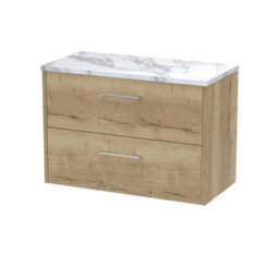 Hudson Reed Juno Wall Hung Double Soft Close Drawer Vanity Unit With Laminate Worktop In Autumn Oak Finish, 800mm - thumbnail 2