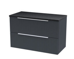 Nuie Hudson Reed Fluted Wall Hung 2-Drawer Vanity Unit & Black Laminate Worktop, Sleek Counter Top Vanity Unit In Soft Black, 800mm
