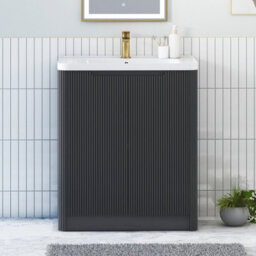 Royal Bathrooms Avenza 700mm Fluted Floor Standing Vanity Unit Matt Obsidian Black 2 Door Storage Cabinet With Ceramic Basin
