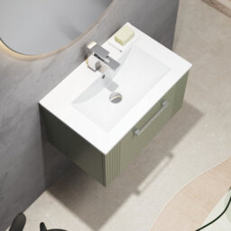 Balterley Belvide Partial Fluted 1 Drawer Wall Hung Vanity Unit With 1 Tap Hole Minimalist Basin - 600mm - Satin Green - thumbnail 5