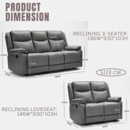 Manual Recliners Sofa, Recliner Couches Set, 2 Seater + 3 Seater - Grey - thumbnail 2