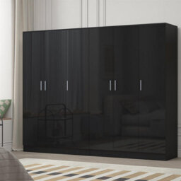 Reflect 2Pc Wardrobe Bundle - 3 Door Plain + 3 Door Plain - Black Gloss & Black Oak - H: 180Cm X W: 224Cm X D: 47Cm - thumbnail 1