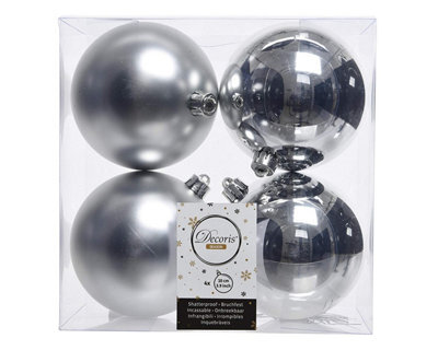 Kaemingk Christmas Tree Baubles, Shatterproof, Mixed Shiny & Matt Silver - 100mm - 4 Pack - image 1