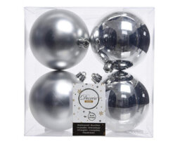 Kaemingk Christmas Tree Baubles, Shatterproof, Mixed Shiny & Matt Silver - 100mm - 4 Pack