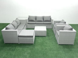 Fimous Outdoor Rattan Sofa Garden Furniture Set 2 Armchairs Square Coffee Table Big Stool Side Table Light Grey - thumbnail 1
