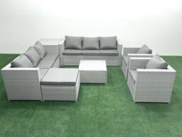 Fimous Outdoor Rattan Sofa Garden Furniture Set 2 Armchairs Square Coffee Table Big Stool Side Table Light Grey - thumbnail 2