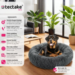 Tectake Dog Bed Maja - Round With Long Plush, Thick Padding With Raised Edge, Washable & Non-Slip  80 Cm - Grey - thumbnail 2