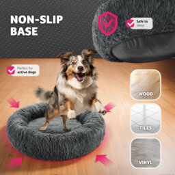 Tectake Dog Bed Maja - Round With Long Plush, Thick Padding With Raised Edge, Washable & Non-Slip  80 Cm - Grey - thumbnail 3