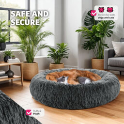 Tectake Dog Bed Maja - Round With Long Plush, Thick Padding With Raised Edge, Washable & Non-Slip  80 Cm - Grey - thumbnail 4