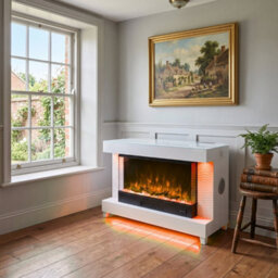 Home Luxe Interiors White Corner Fireplace Tv Unit With Led Lights & Bluetooth Speakers