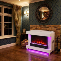 Home Luxe Interiors White Corner Fireplace Tv Unit With Led Lights & Bluetooth Speakers - thumbnail 4