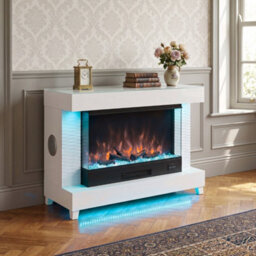 Home Luxe Interiors White Corner Fireplace Tv Unit With Led Lights & Bluetooth Speakers - thumbnail 2