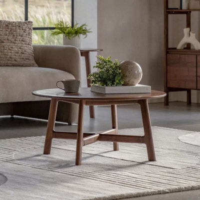 Xample Gallery Madrid Walnut Round Coffee Table, Solid Walnut Wood, Mid Century Design, Curved Edges, 80Cm Round Table, Brown - image 1