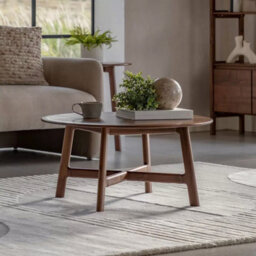 Xample Gallery Madrid Walnut Round Coffee Table, Solid Walnut Wood, Mid Century Design, Curved Edges, 80Cm Round Table, Brown - thumbnail 1